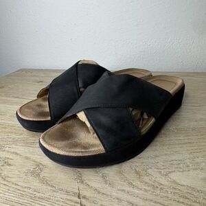 Vionic Hayden Black Leather Cross Strap Low Platform Sandals Womens Size 9